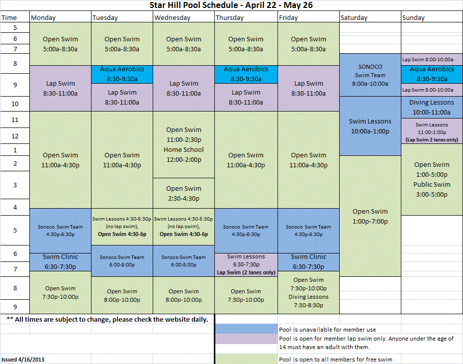 2013 Spring Pool Schedule Apr 22 to May 26