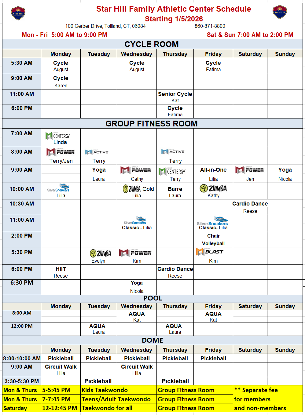Fitness Schedule 1-5-26